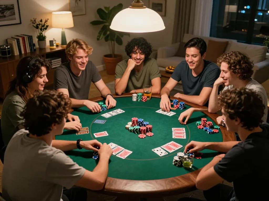 Friends enjoy a thrilling poker game at home, embodying the fun and strategy of go88 gaming.