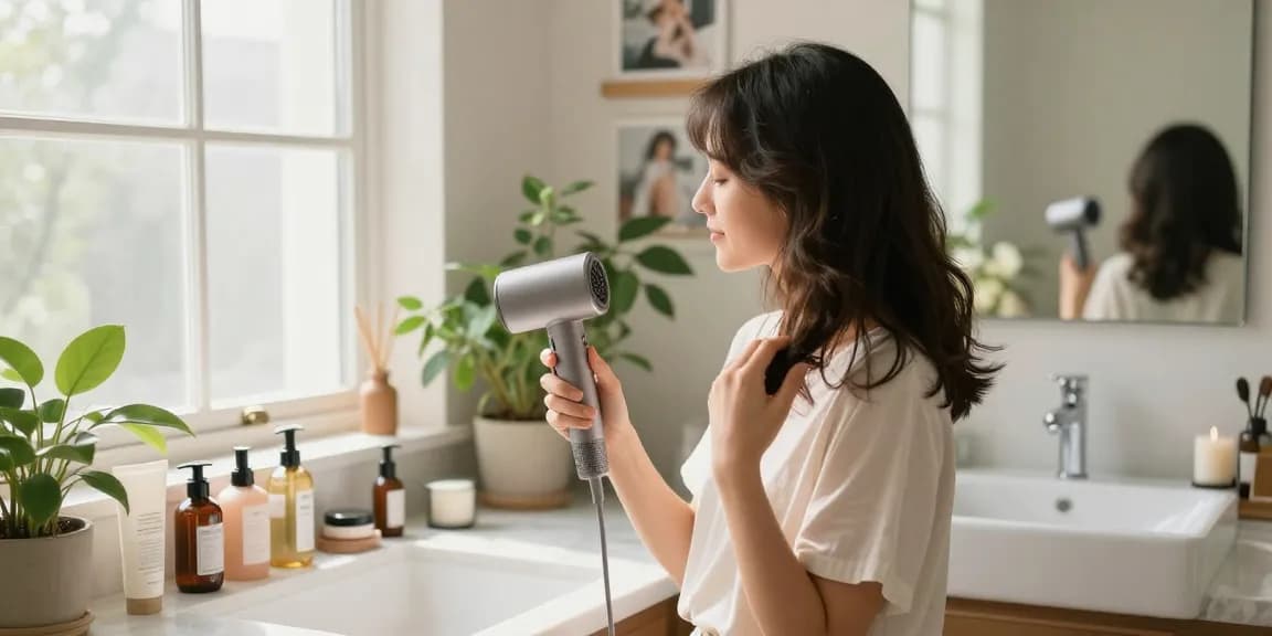Woman using a small hair dryer in a bright bathroom surrounded by beauty products.