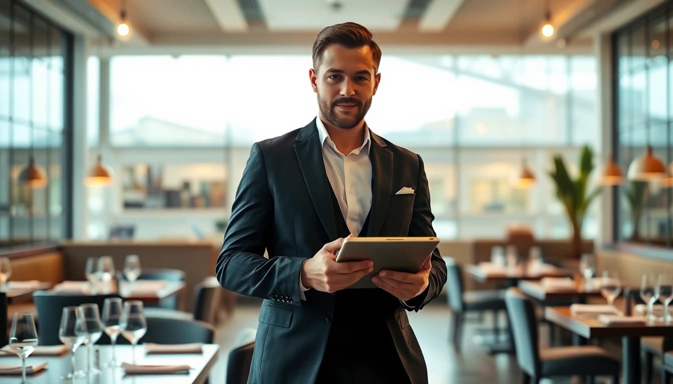 Headhunter Gastronomie berät in einem eleganten Restaurant mit einem Tablet.