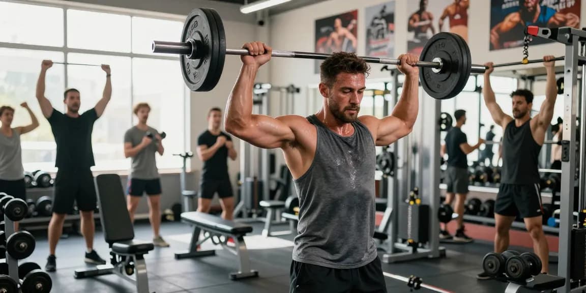 Bodybuilder showcasing strength in the Anabolika Shop gym, surrounded by equipment and motivation.