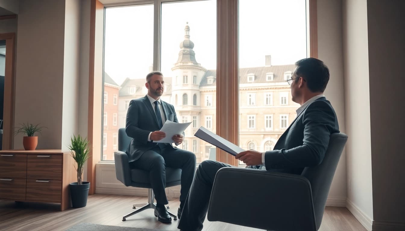 Headhunter Rostock führt ein Interview mit einem Kandidaten in einem hellen, modernen Büro, das eine freundliche Atmosphäre ausstrahlt.