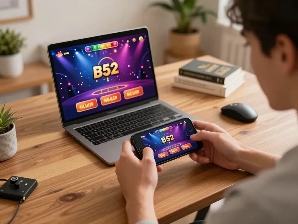 B52 club player enjoying mobile gaming with a live dealer in a cozy home setting.