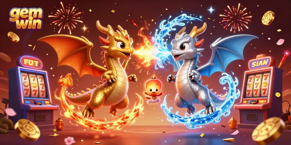 Experience thrilling wins with gem win in this dynamic 3D casino illustration featuring dragons and gaming elements.