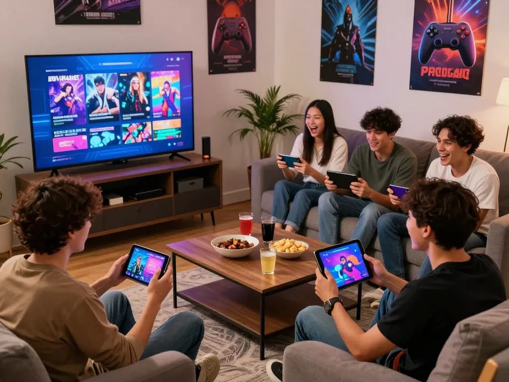 Friends enjoying porn games in a lively living room, showcasing gaming devices and snacks.