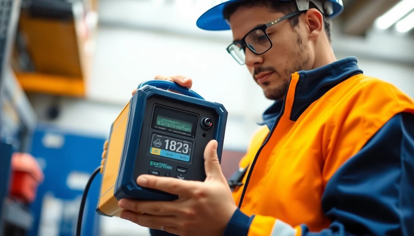 Inspecting portable devices during Prüfung ortsveränderlicher elektrischer Betriebsmittel for safety compliance.