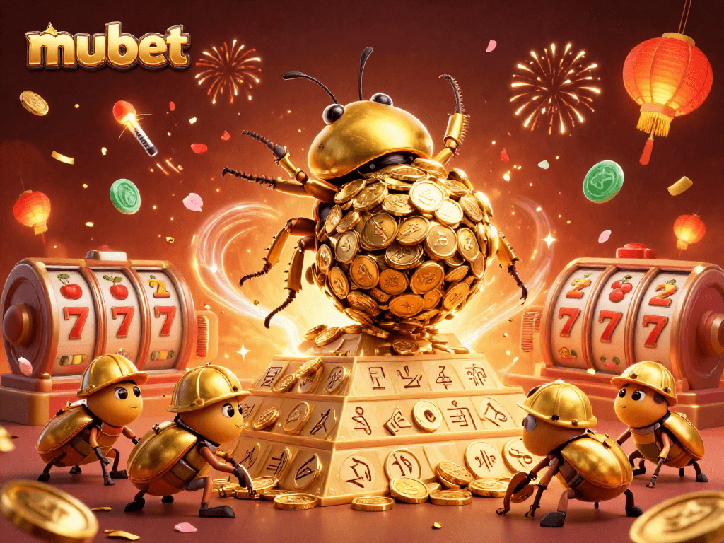 Mubet engages gamblers with golden coin treasures and dynamic casino elements in a vibrant 3D scene.