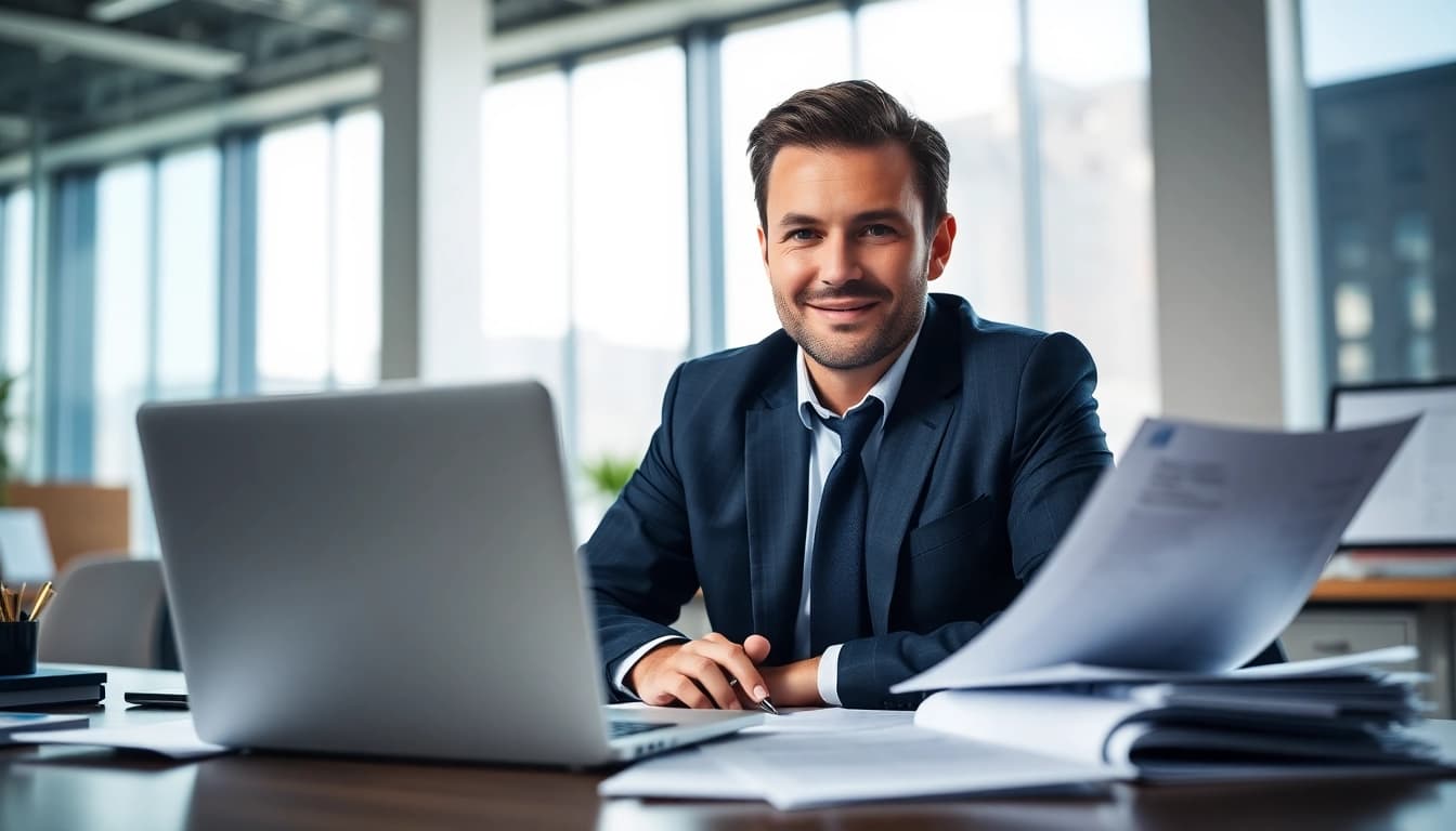 Headhunter Schweiz bei der Arbeit, Bewerbungen und Laptop im modernen Büro.