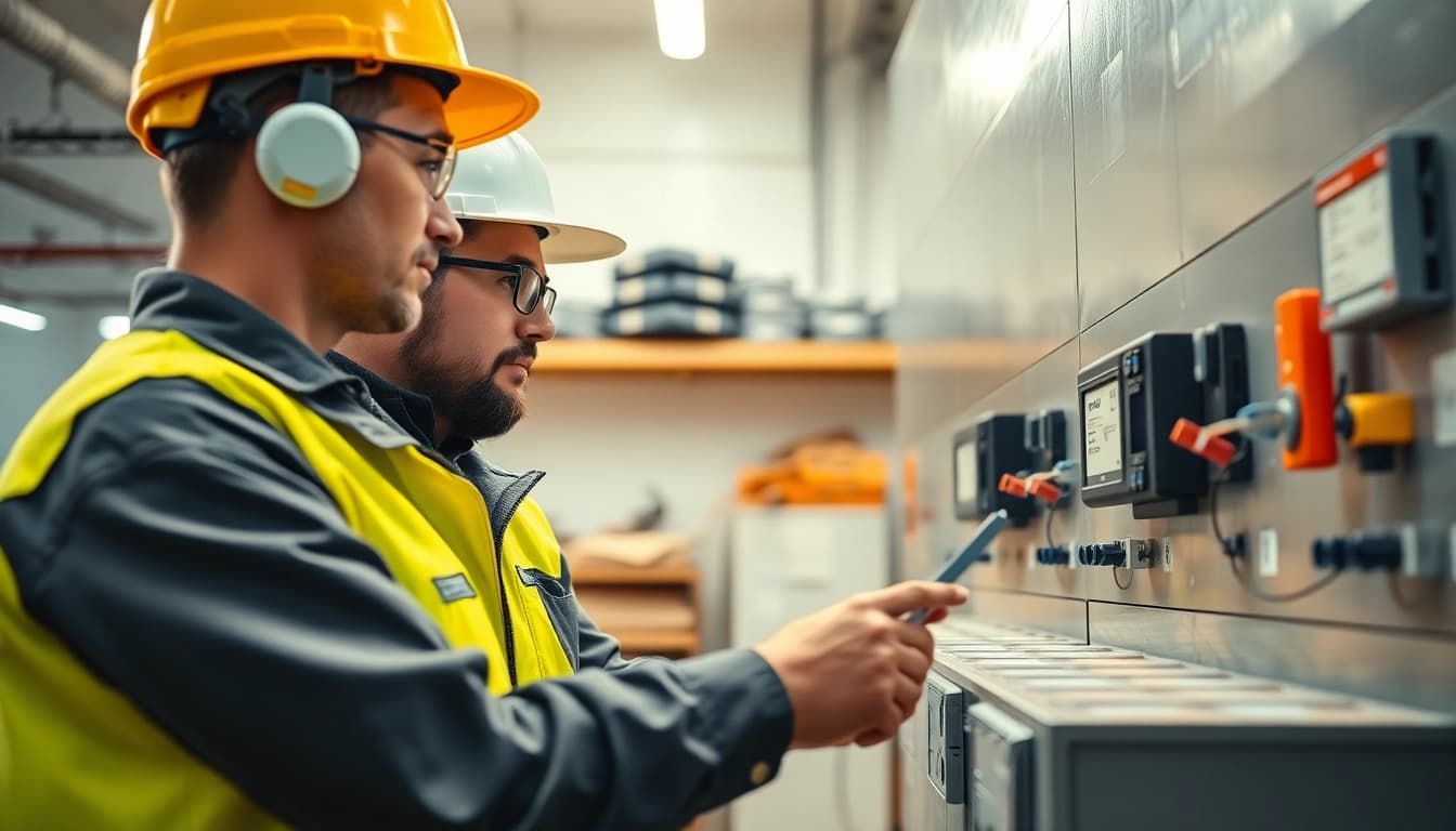 Inspecting ortsveränderlicher elektrischer Begtriebsmittel for safety compliance in a well-lit workshop.