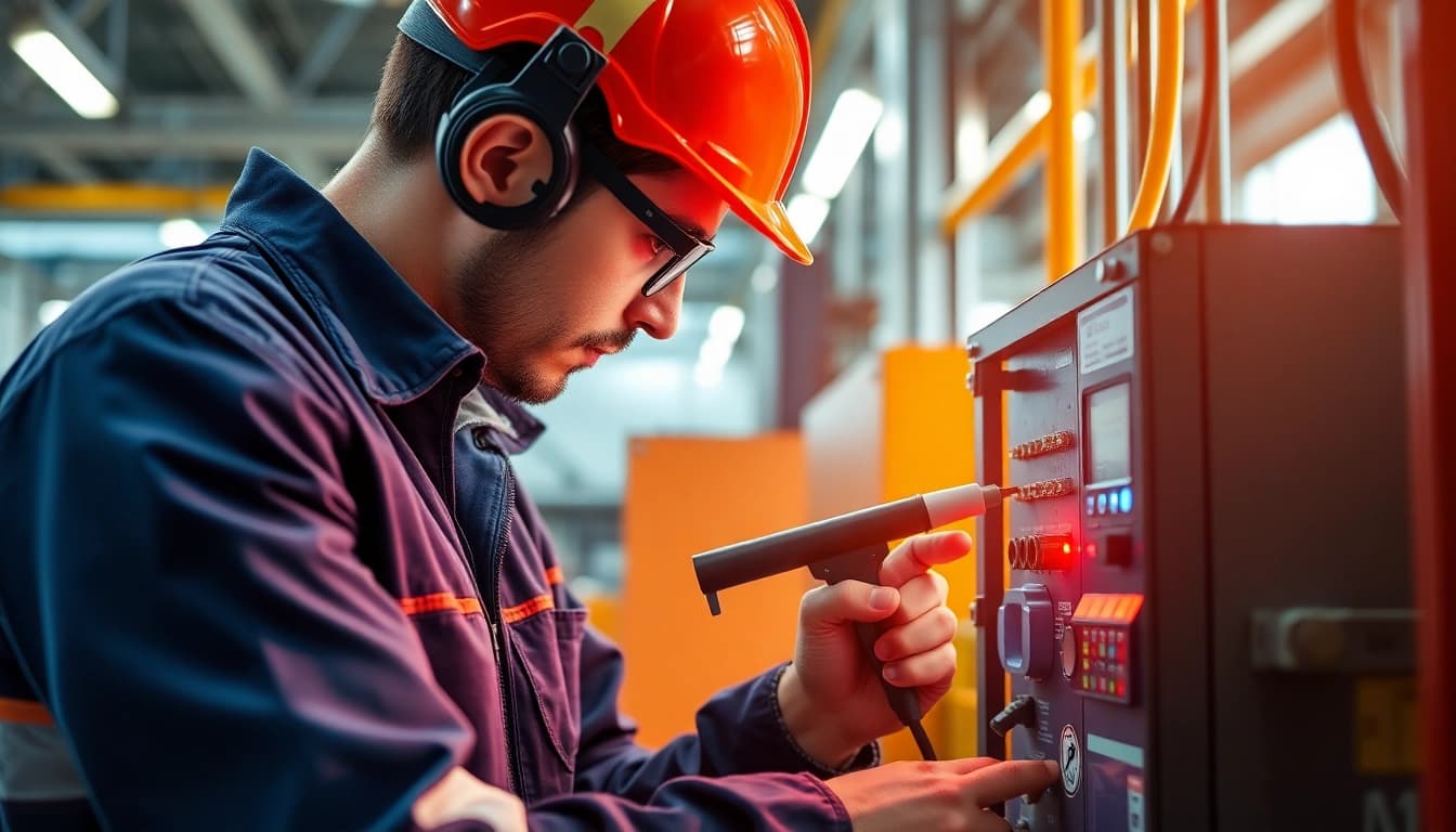 Technician conducting die prüfung ortsveränderlicher elektrischer betriebsmittel with specialized equipment in a professional setting.