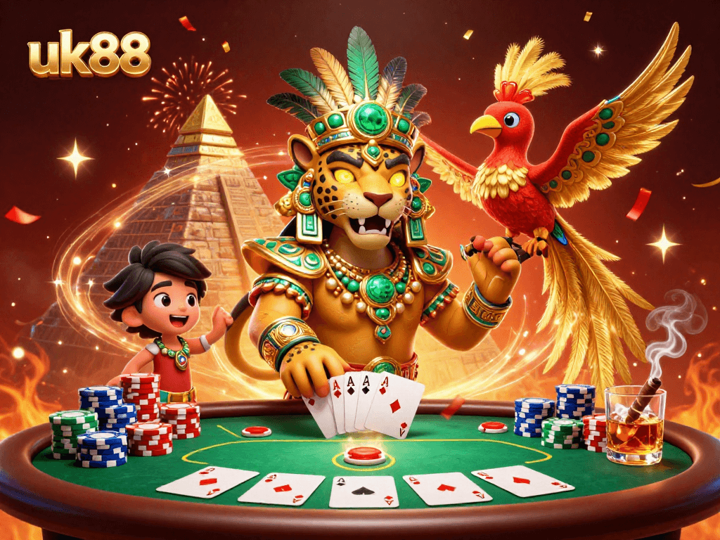 Experience the excitement at uk88 with a vibrant 3D casino scene featuring poker elements.