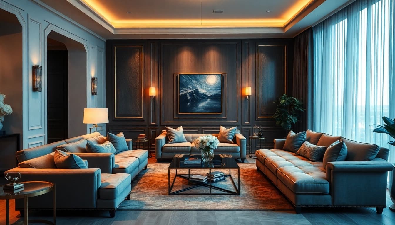 Luxury living room showcasing elegant decor and ambient lighting that enhances its exquisite comfort.