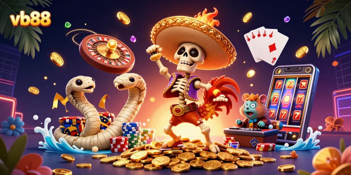 Experience the vibrant energy of vb88 in a 3D casino illustration featuring a mariachi rooster celebrating amidst golden coins