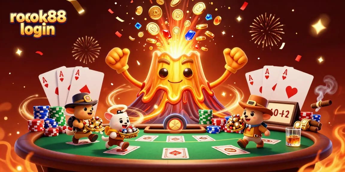 Engage in exciting gameplay with ROKOK88 login, featuring a vibrant 3D scene of treasures and poker elements.