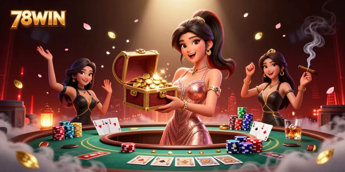 Experience thrilling wins at 78WIN with an opulent treasure chest overflowing with gold and gems.