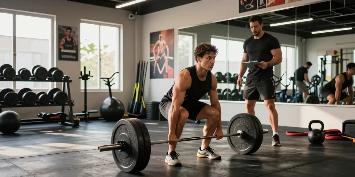 Kraftsportler hebt Gewichte im Steroidshop-Fitnessstudio und zeigt intensives Fitnesstraining.
