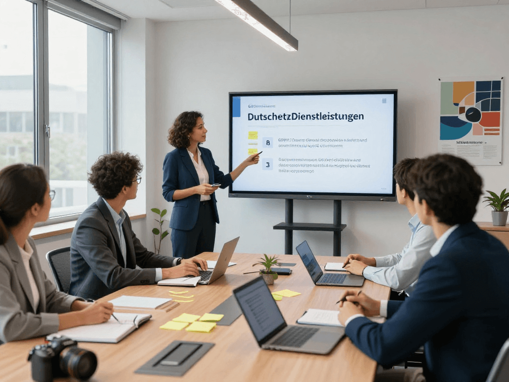 Teamdiskussion über Datenschutz Dienstleistungen in einem modernen Büro.
