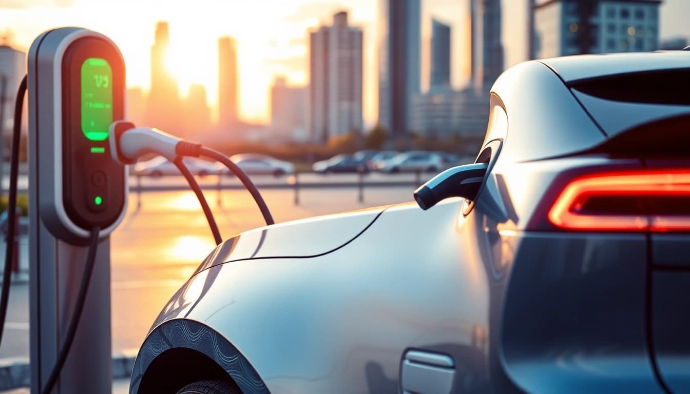 Elektroautos laden an einer modernen Ladestation in einer urbanen Umgebung.