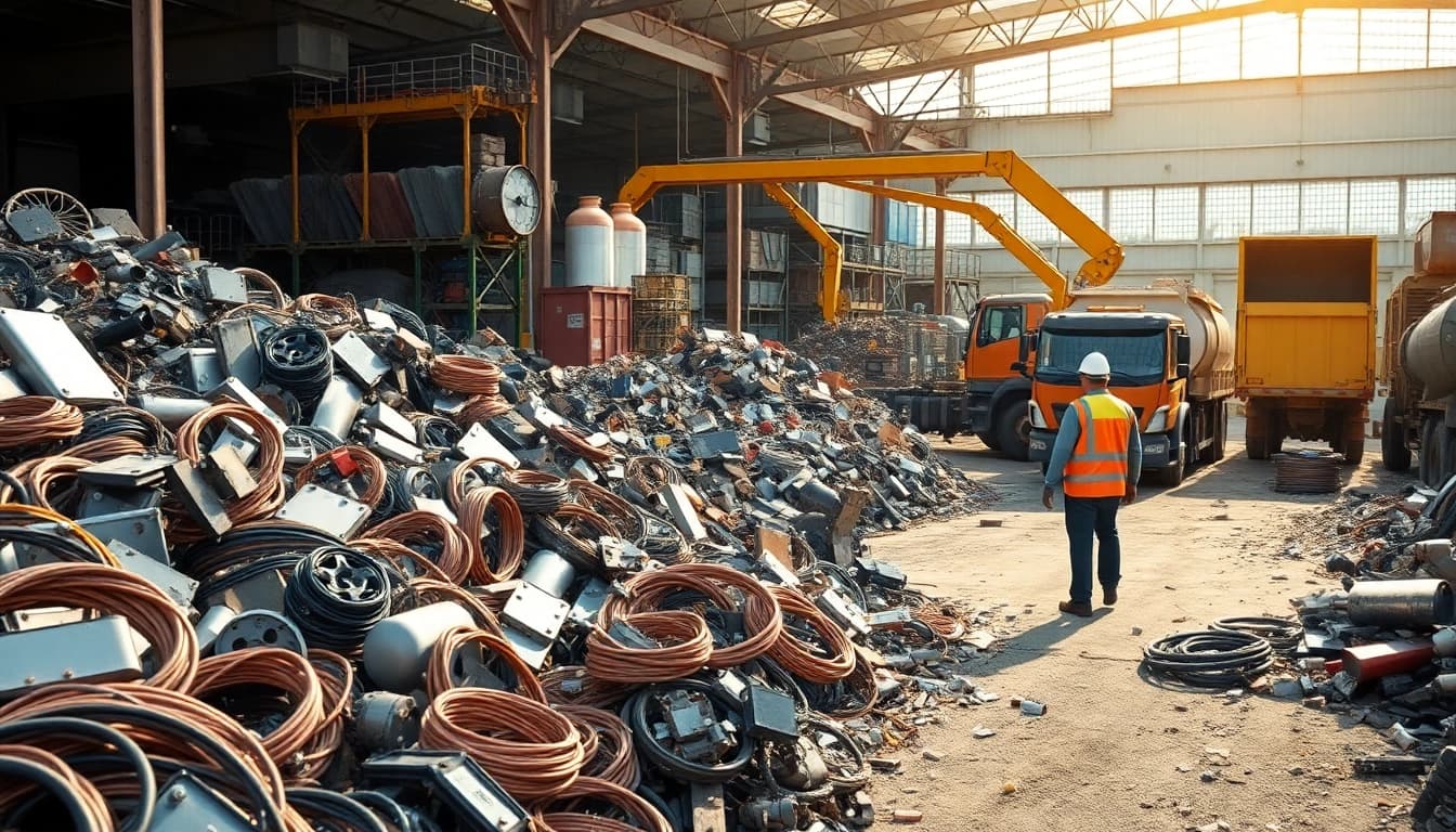 Szene des Schrotthandels Düsseldorf mit Arbeitern, die Metallschrott sortieren und recyceln