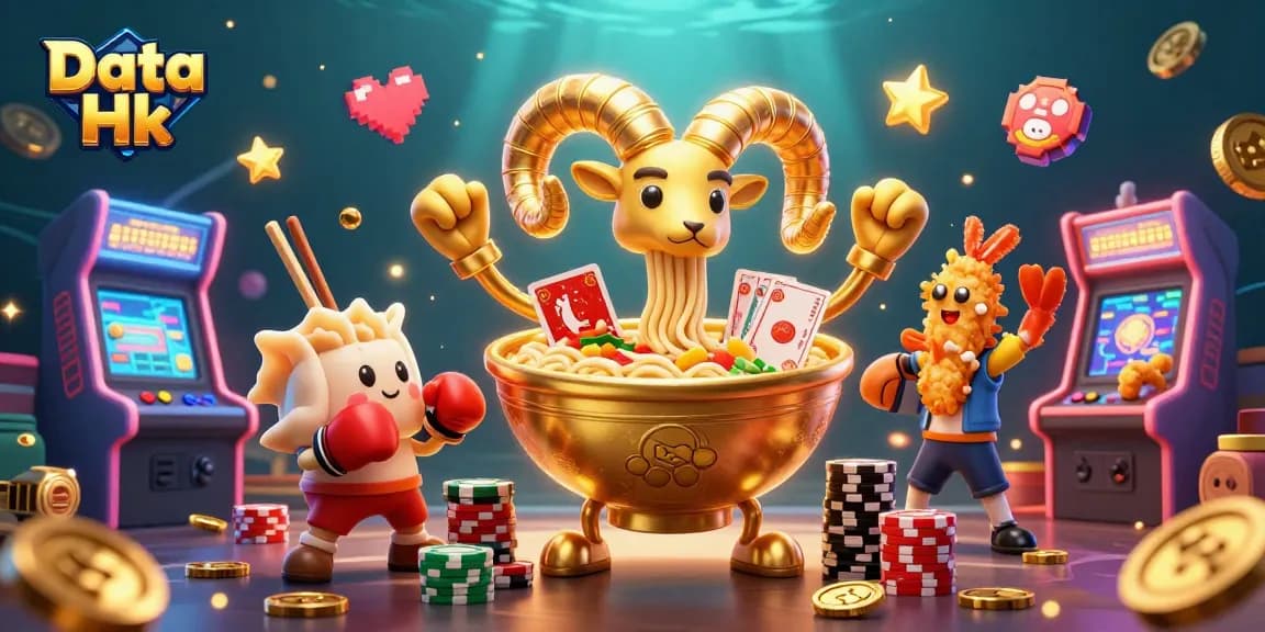 Engage with the vibrant Data Hk illustration featuring a playful golden ramen bowl interacting with casino elements.