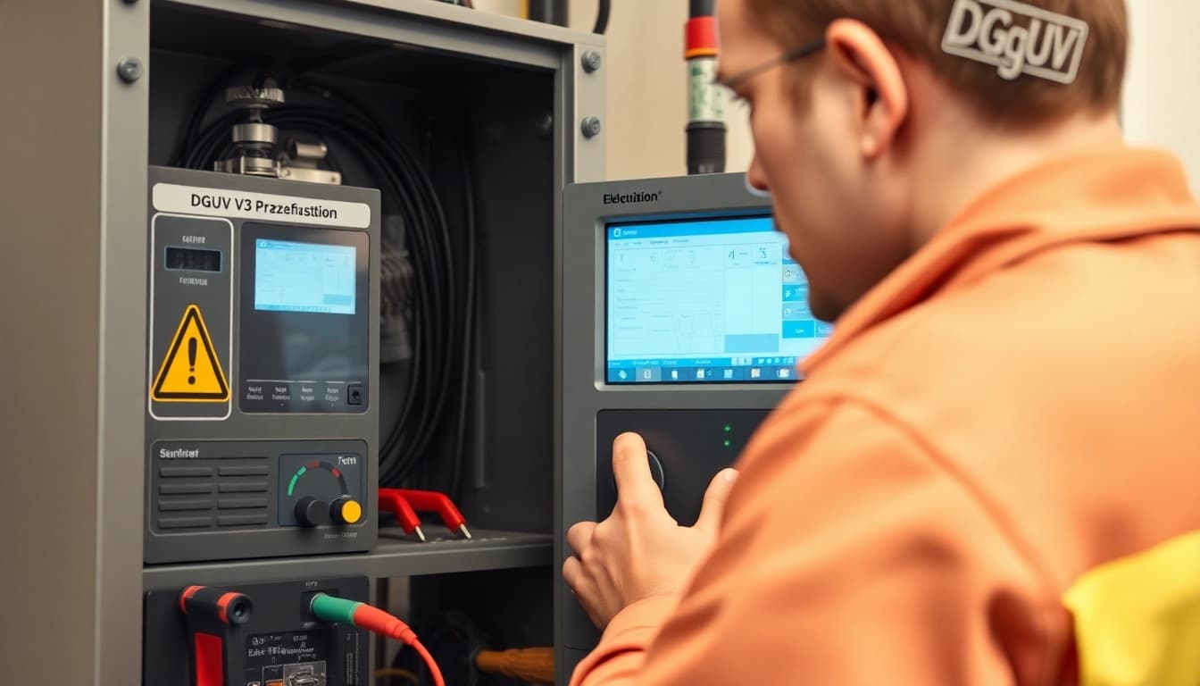 Electrician conducting a DGUV V3 Prüfung with precision on testing equipment, showcasing safety protocols essential for workspace.