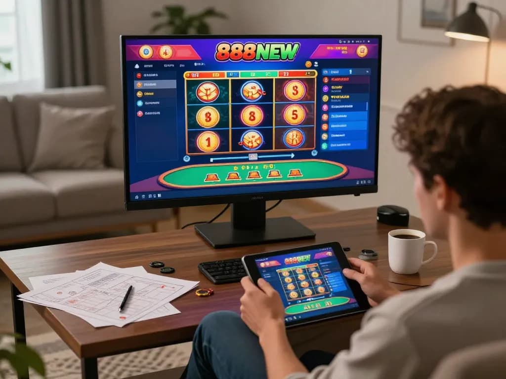 Player engaging with 888NEW online casino platform on tablet, showcasing immersive gameplay in comfortable home setting.