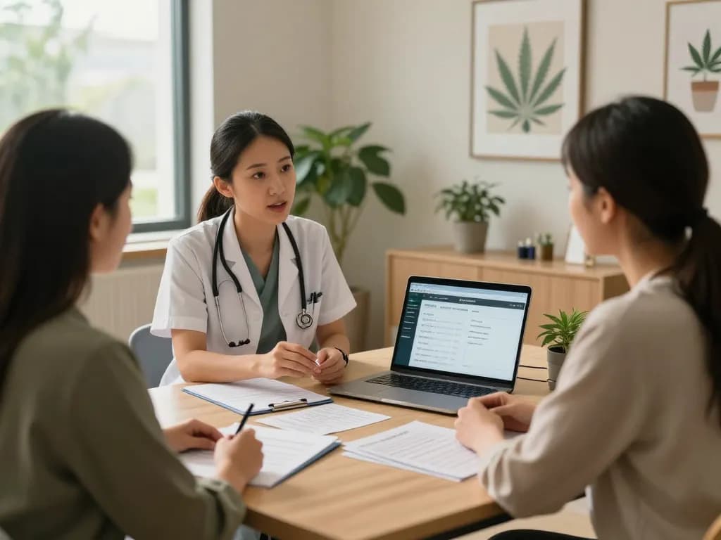 Cannabis-Patient 2026 Beratung mit Gesundheitsdienstleister über medizinische Optionen in einem modernen Büro