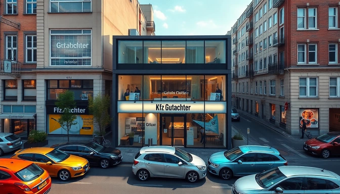 Kfz Gutachter Berlin office providing expert vehicle damage assessment services in a modern cityscape.