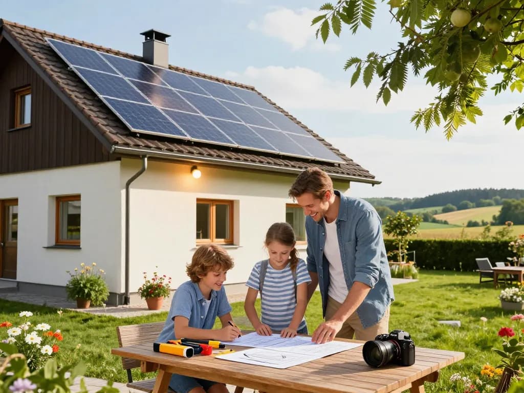Photovoltaik Bayern Solarinstallation an einem modernen Zuhause mit Familie, die die Vorteile erneuerbarer Energie genießt.