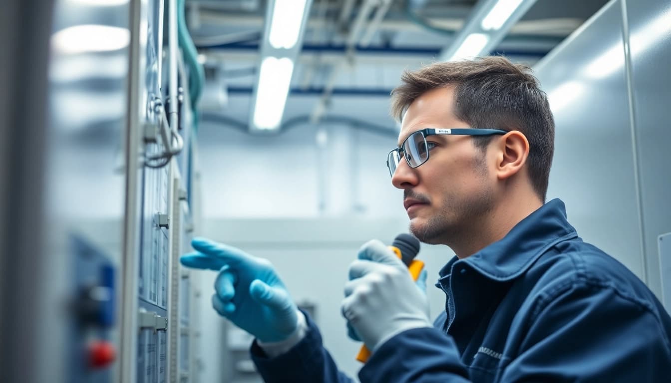Technician conducting a DGUV V3 Prüfung on electrical equipment, ensuring safety standards in the workplace.