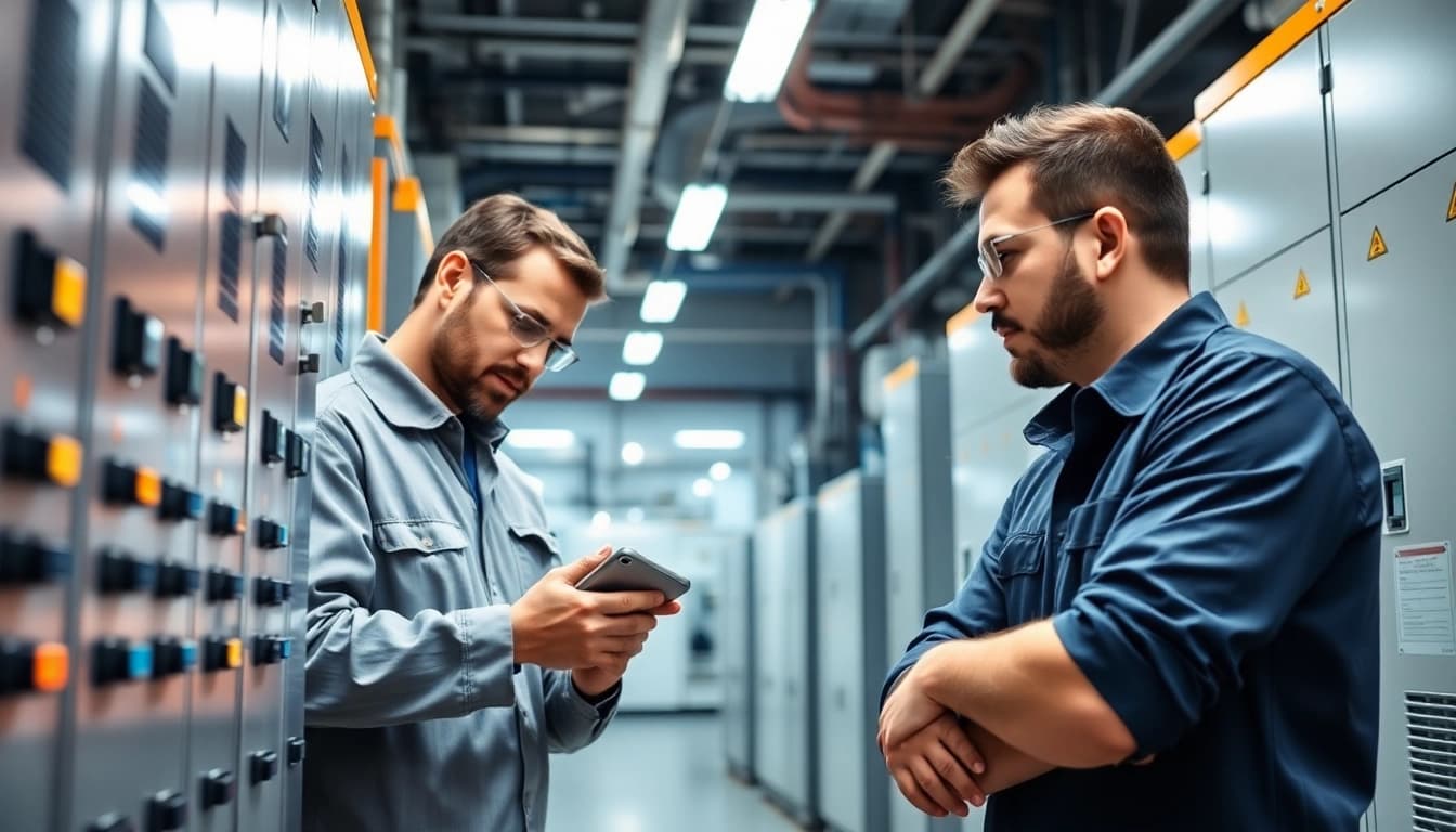 Inspecting electrical devices for safety compliance during the DGUV V3 Prüfung process, highlighting technician precision and focus.
