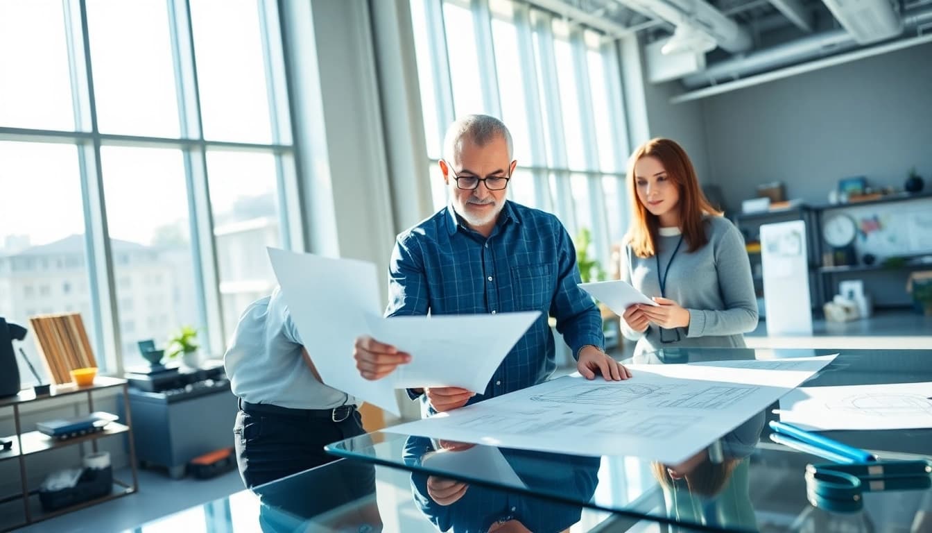 Headhunter Ingenieure berät Kunden in einem modernen Büro mit Plänen und Diagrammen.