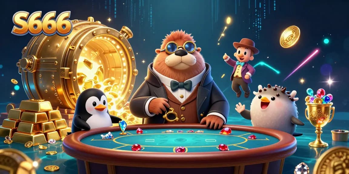 S666 engages players at an underwater poker game with a jolly walrus, a penguin dealer, and a pufferfish player emitting vibrant riches.