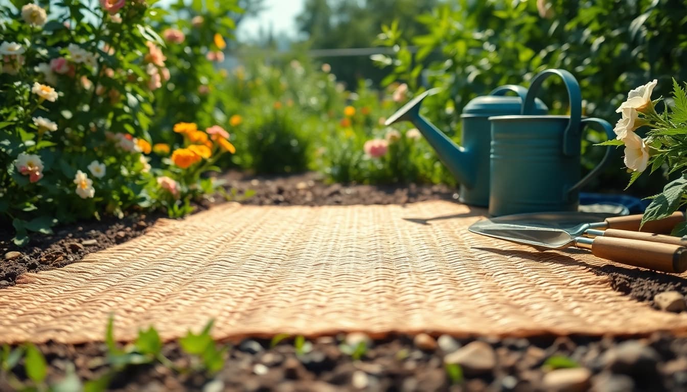 Hanfmatte in einem blühenden Garten, betont die nachhaltige Gartenpflege.