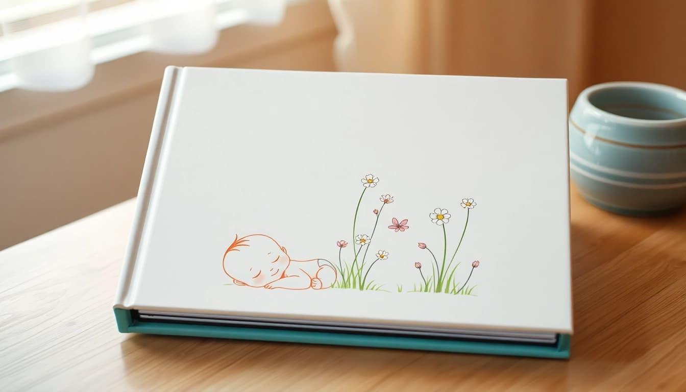Ein kreativ gestaltetes Babyalbum, das liebevolle Erinnerungen an die Kindheit zeigt und skurrile Illustrationen enthält.