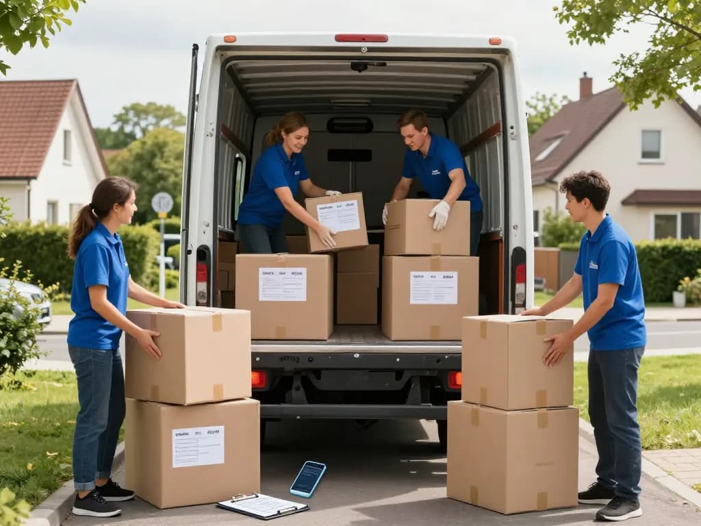 Professionelle Umzugshelfer von Umzugsunternehmen Hannover laden Kartons in einen Umzugswagen.
