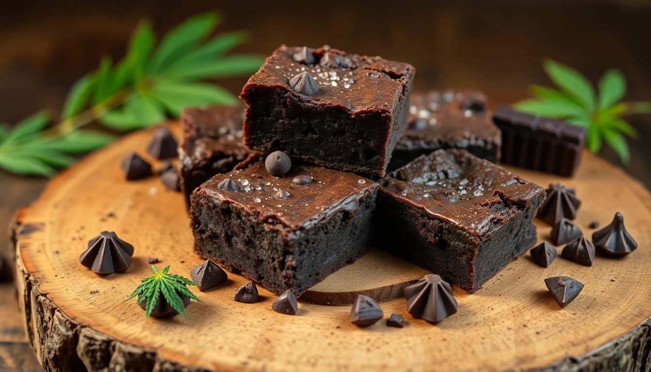 Schokoladige Cannabis Brownies frisch gebacken auf einem Holzbrett mit Zartbitterschokoladenstückchen
