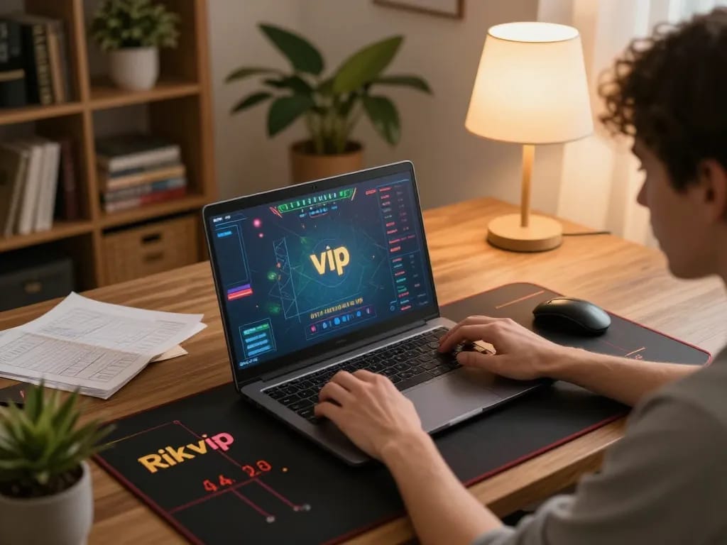 Rik vip gameplay session on a laptop showcases strategic betting in a cozy home environment.