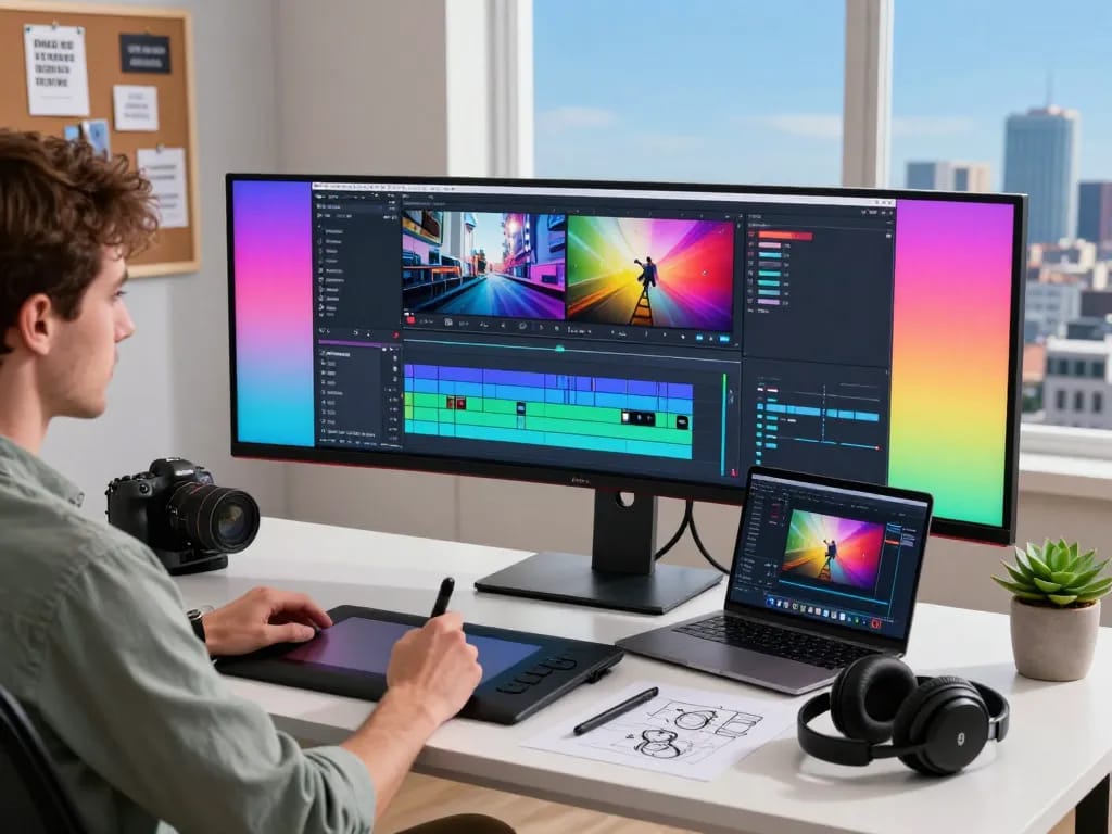Creative workspace showcasing motion control video editing process with AI technology.