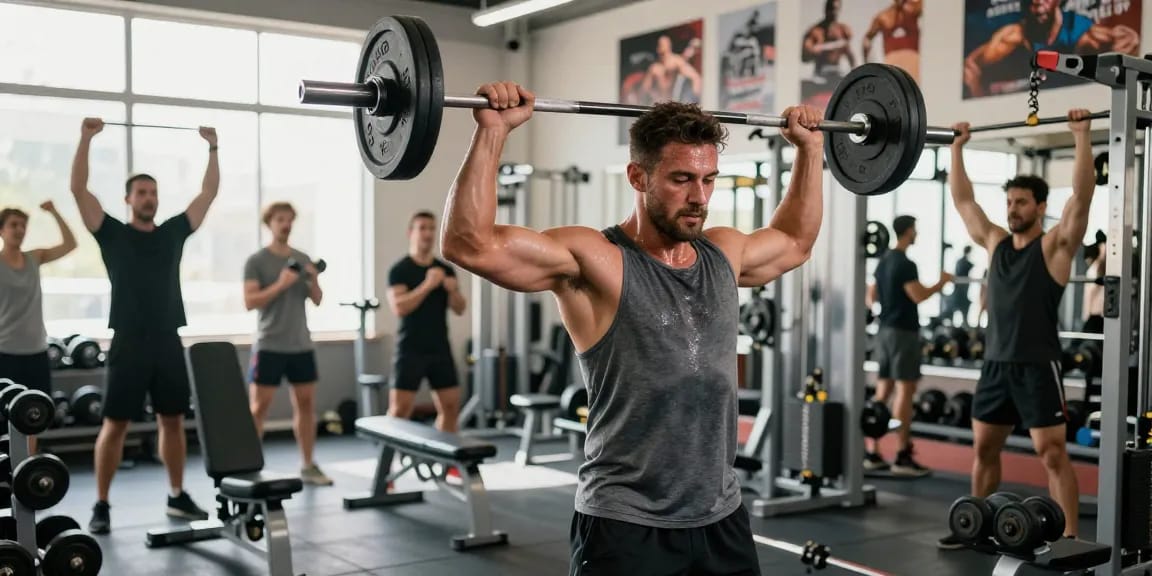 Bodybuilder showcasing strength in the Anabolika Shop gym, surrounded by equipment and motivation.