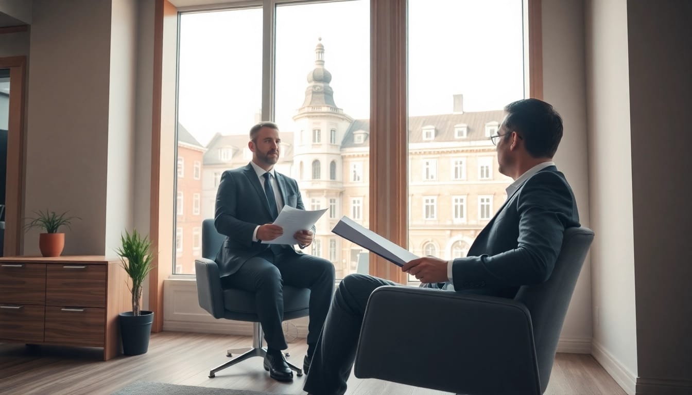 Headhunter Rostock führt ein Interview mit einem Kandidaten in einem hellen, modernen Büro, das eine freundliche Atmosphäre ausstrahlt.