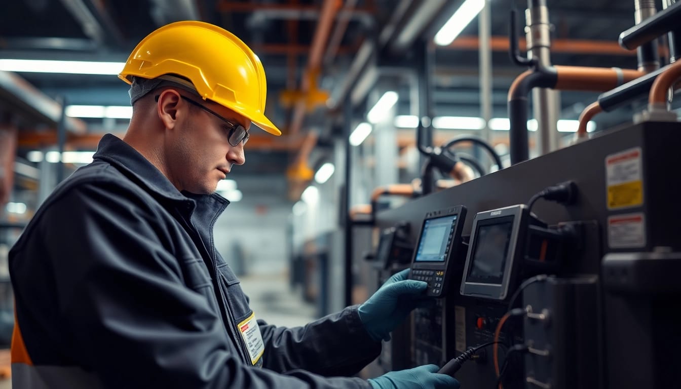 Technician performing a DGUV V3 Prüfung on electrical equipment, ensuring workplace safety compliance.