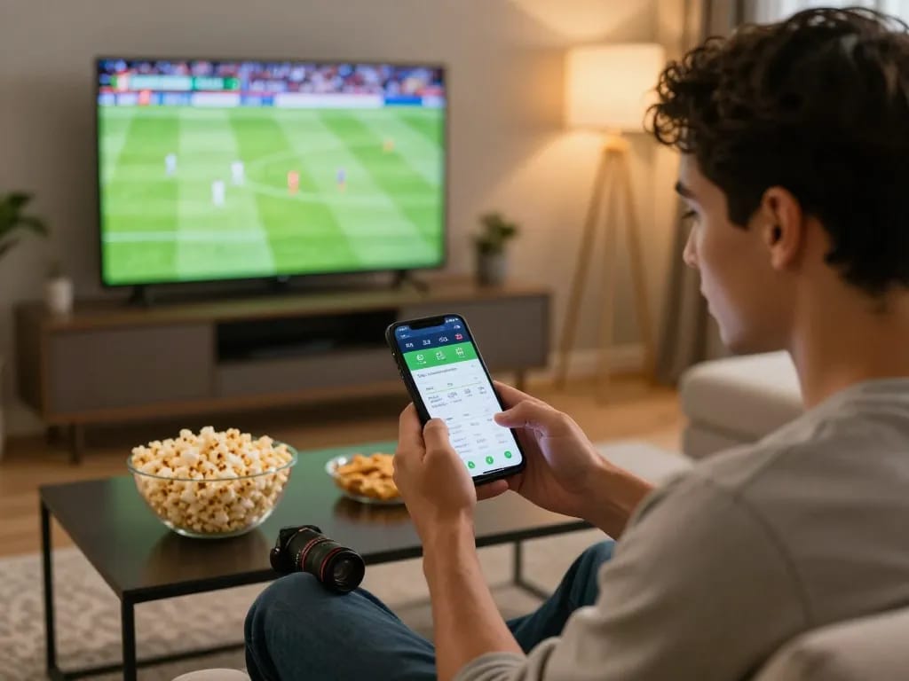 Engaging in soi kèo bóng đá while comfortably betting on a sports event via mobile app in home setting
