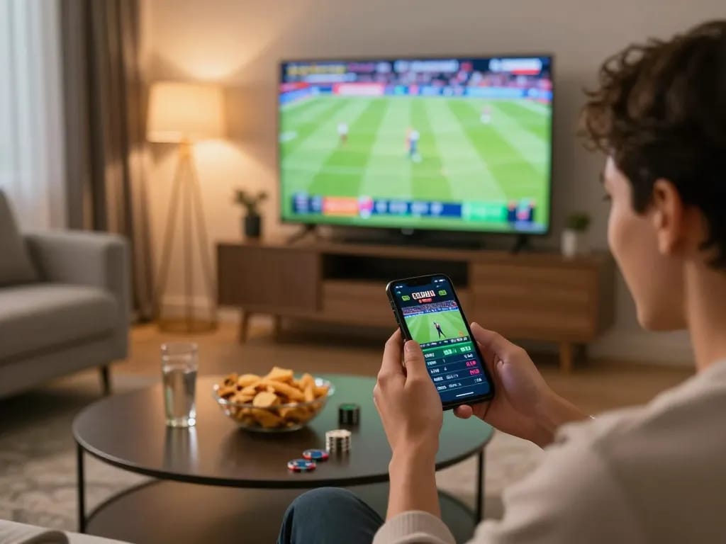 Exciting moment of placing tỷ lệ kèo nhà cái hôm nay bets during a live sports game viewing.