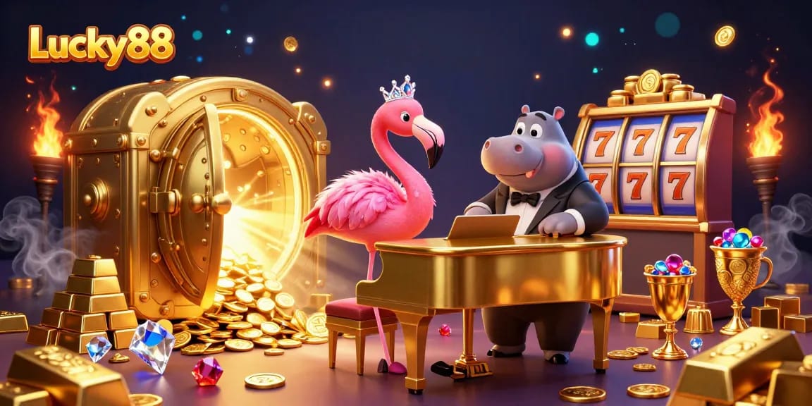 Experience thrilling gameplay with Lucky88 as a flamingo singer and hippo bassist light up the casino scene.
