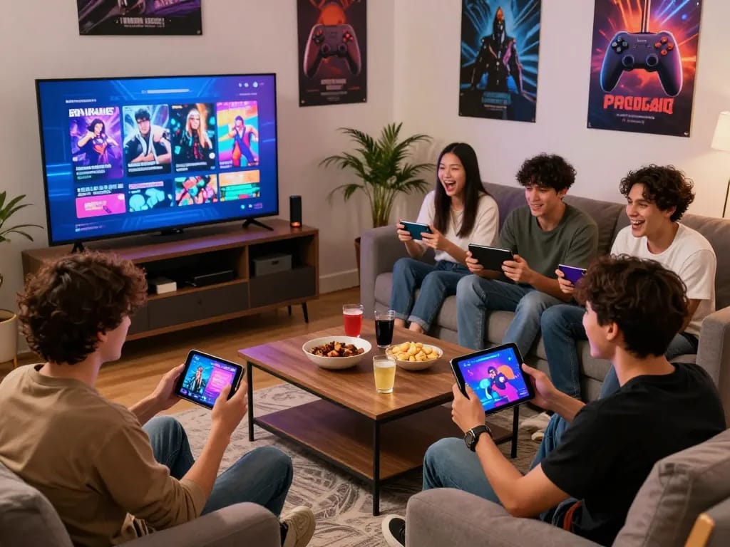 Friends enjoying porn games in a lively living room, showcasing gaming devices and snacks.