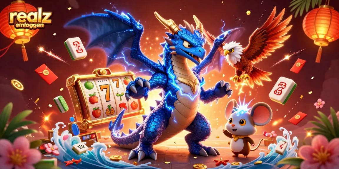 Anmelden im Realz Casino: Aufregende 3D-Illustrierung mit Fabelwesen und Spielelementen.