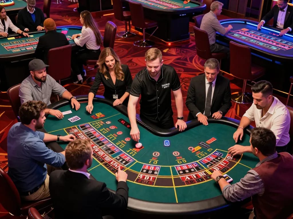 Engaged players placing bets at MAN88's exciting roulette tables in a lively casino atmosphere.