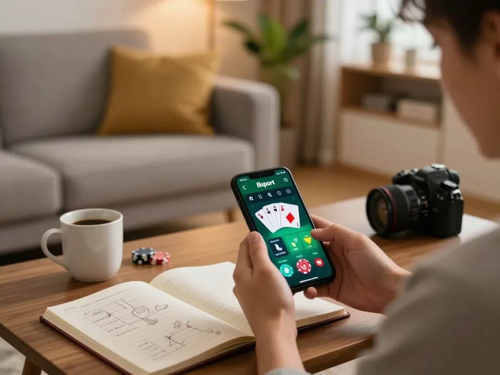 Tải app Bsport for online poker on smartphone at cozy home setting.