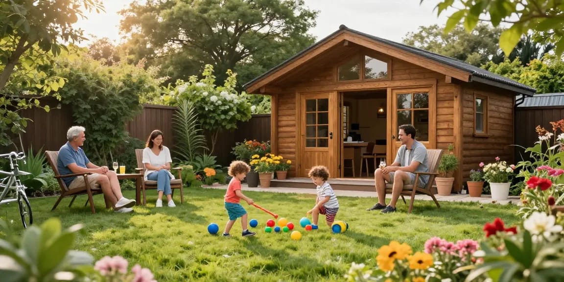 Gartenhaus kaufen: Familie entspannt sich vor ihrem neuen Gartenhaus im Grünen.