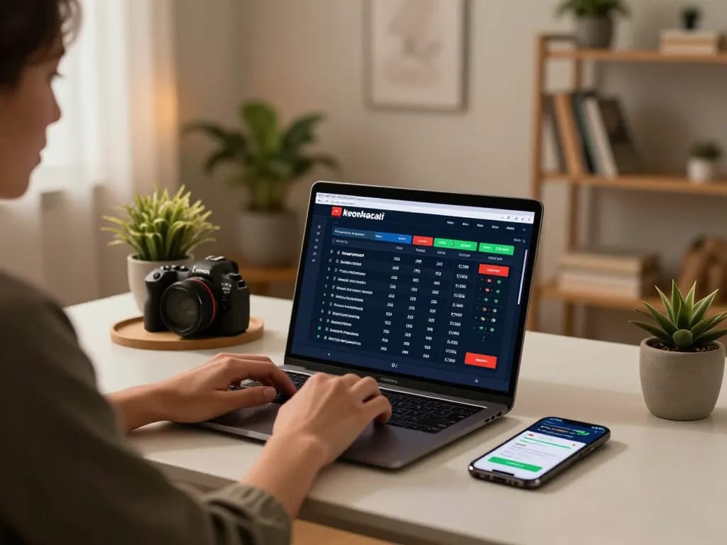 Person placing bets on keonhacaii online sportsbook with laptop and smartphone in a warm home office setting.